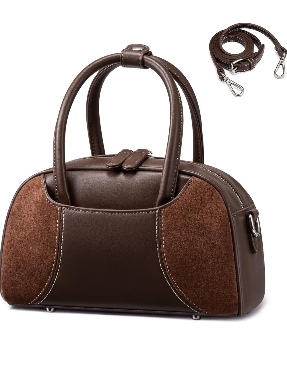 Brown Suede Accent Dome Satchel Shoulder Bag